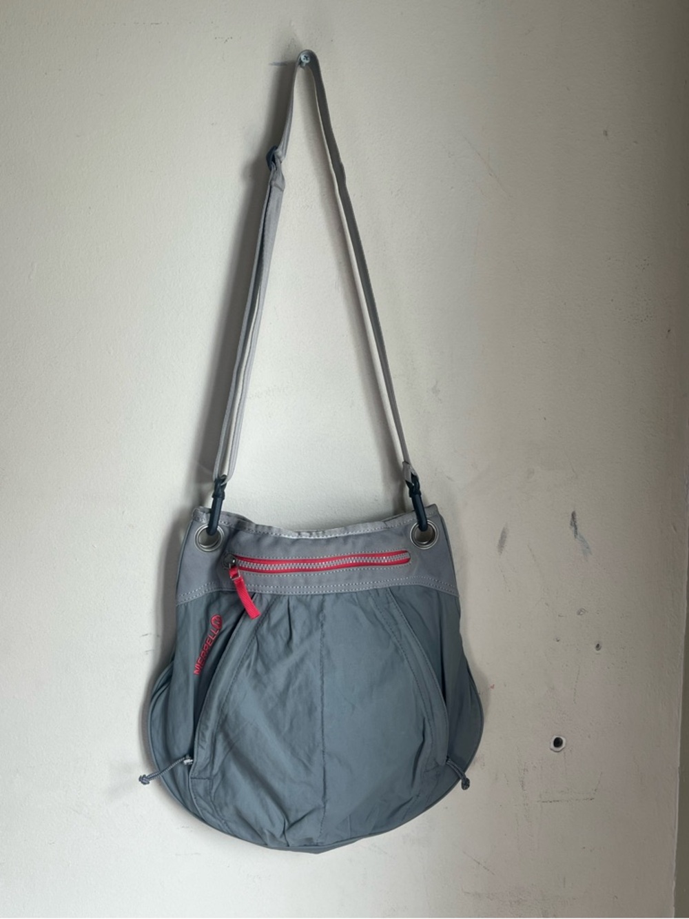 Merrell Light Gray Crossbody with Bright Pink Interior